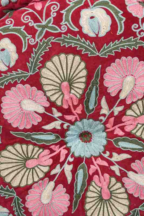 Pouf, cotton velvet, dark red, embroidered pink/light blue/light yellow, 60x20cm