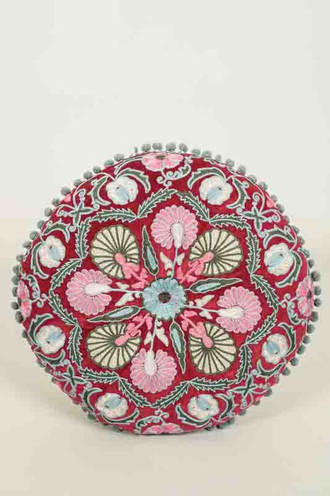 Coussin de siège Gaddi velours de coton rond rouge foncé brodé rose/bleu clair/jaune clair 40cm