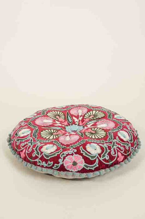 Coussin de siège Gaddi velours de coton rond rouge foncé brodé rose/bleu clair/jaune clair 40cm