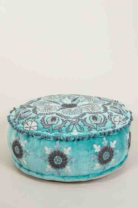Pouf velours de coton turquoise brodé gris/blanc/gris foncé 60x20cm