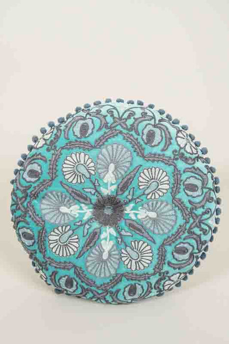 Coussin de siège Gaddi velours de coton rond turquoise brodé gris/blanc/gris foncé 40cm