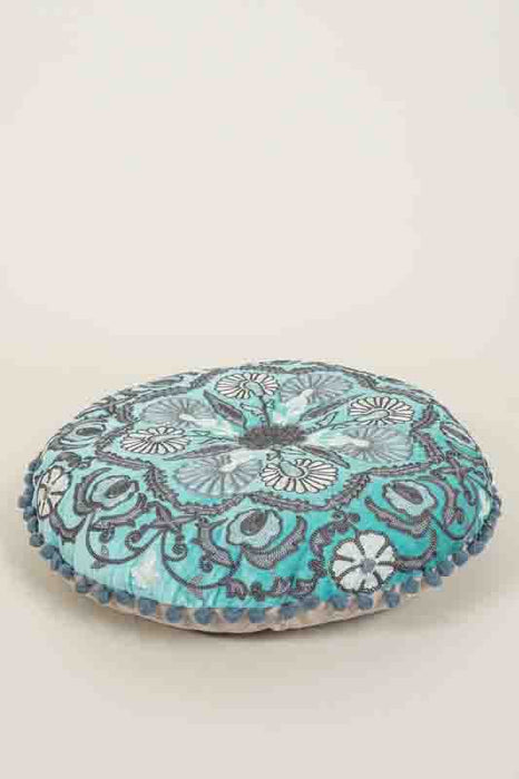 Coussin de siège Gaddi velours de coton rond turquoise brodé gris/blanc/gris foncé 40cm