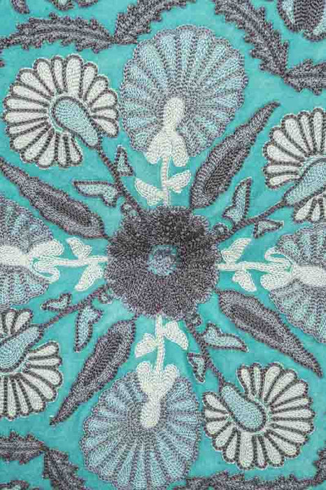 Coussin de siège Gaddi velours de coton rond turquoise brodé gris/blanc/gris foncé 40cm