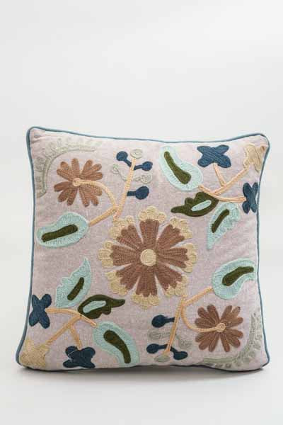 Embroidered decorative cushion brown/light green/dark green patterned 40x40cm