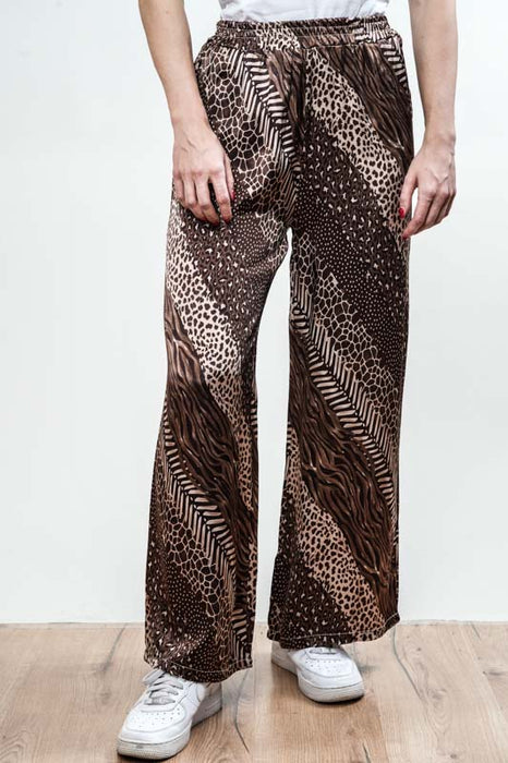 Pantalon en satin de viscose à imprimé animalier, marron - Taille unique
