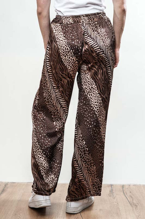 Pantalon en satin de viscose à imprimé animalier, marron - Taille unique