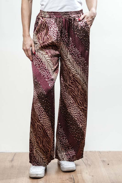 Pantalon en satin de viscose à imprimé animal, bordeaux - Taille unique