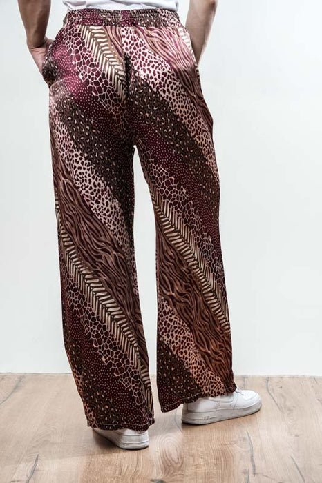 Pantalon en satin de viscose à imprimé animal, bordeaux - Taille unique