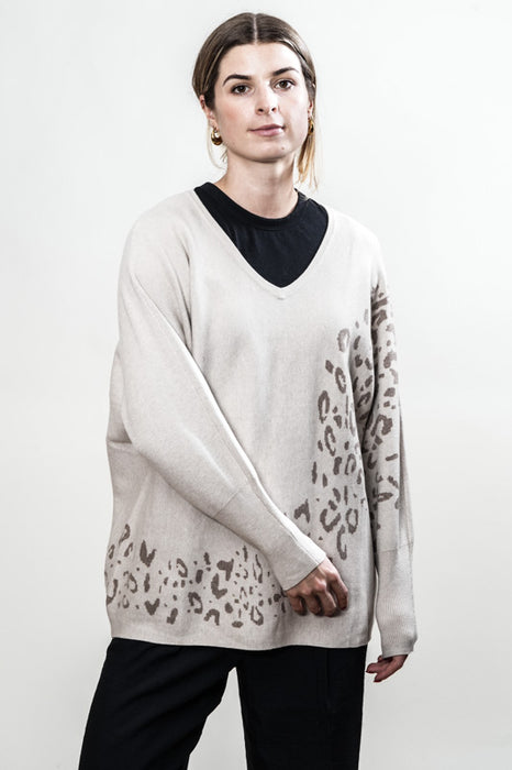 Pull tricoté viscose/polyester beige à motifs - Taille unique