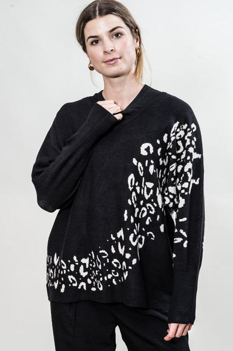 Pull tricoté viscose/polyester noir à motifs - Taille unique