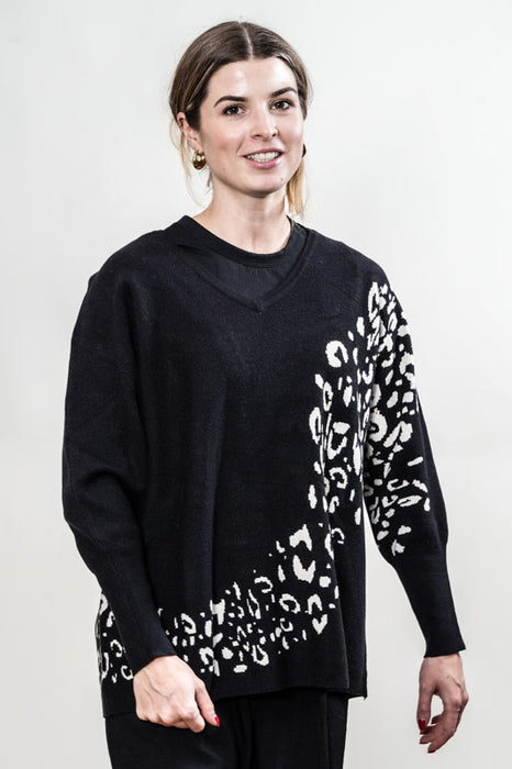 Pull tricoté viscose/polyester noir à motifs - Taille unique