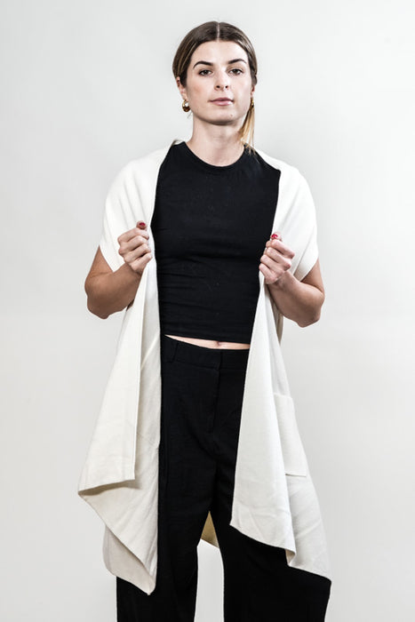 Gilet long tricoté en viscose/polyester blanc cassé - taille unique