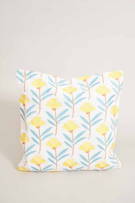 Cotton cushion cover with flowers, yellow/blue, 45x45cm