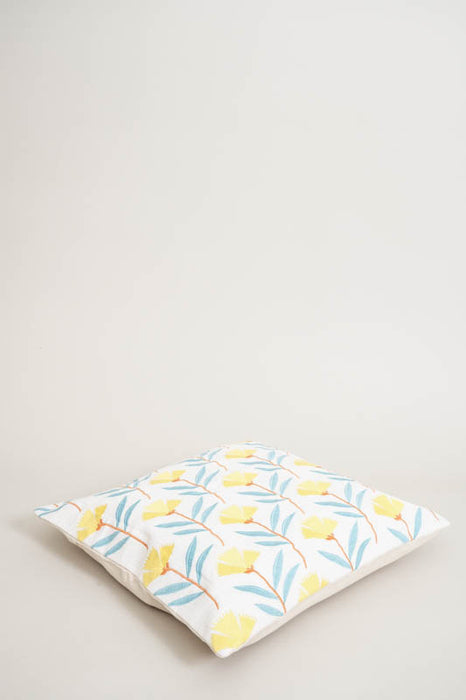 Cotton cushion cover with flowers, yellow/blue, 45x45cm