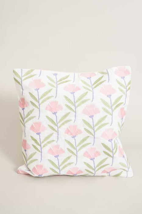 Cotton cushion cover with pink/green flowers, 45x45cm