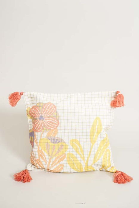 Cotton cushion cover with floral print, apricot/yellow with red tassels, 45x45cm