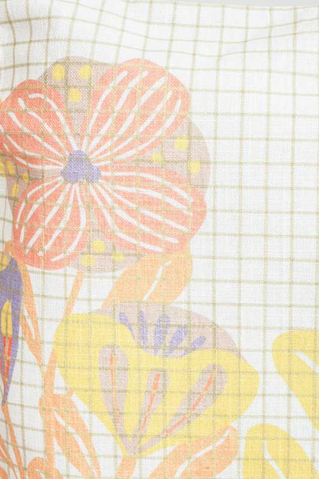 Cotton cushion cover with floral print, apricot/yellow with red tassels, 45x45cm