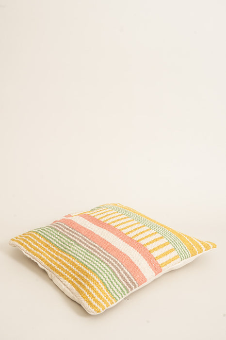 Cotton cushion cover, beige/yellow/green/pink striped, 45x45cm