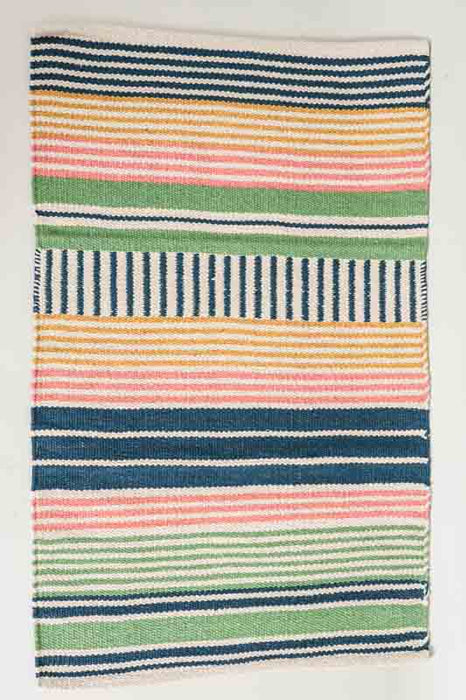 Cotton rug, beige/yellow/green/blue/pink striped, 60x90cm