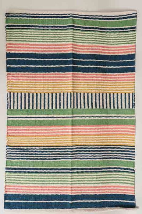 Cotton rug, beige/yellow/green/blue/pink striped, 80x120cm