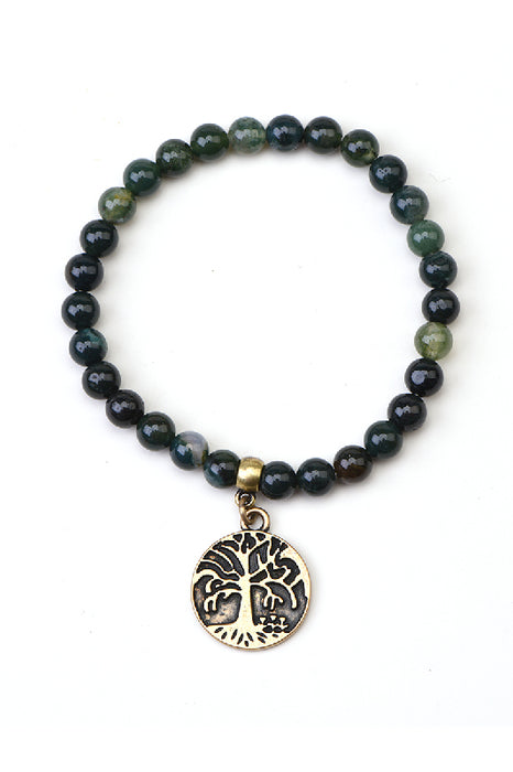 Armband 6mm Moosachat 18.5cm, mit Anhänger Lebensbaum