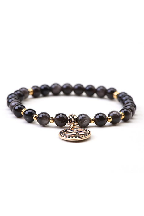 Bracelet en obsidienne argentée de 6 mm, 18,5 cm, avec pendentif OM