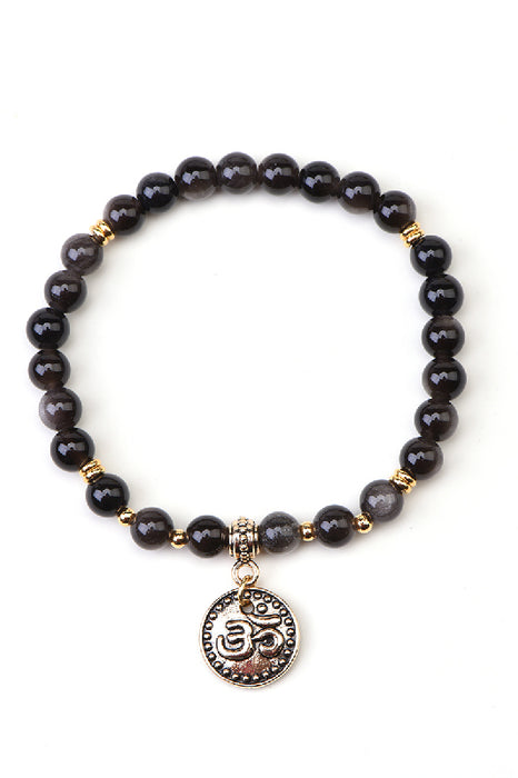 Bracelet en obsidienne argentée de 6 mm, 18,5 cm, avec pendentif OM