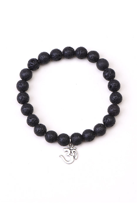 Bracelet en pierre de lave de 8 mm, 19 cm, avec pendentif OM