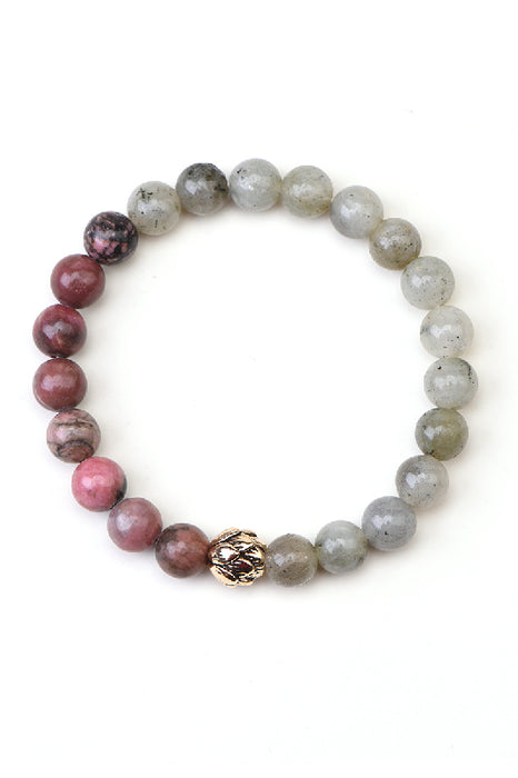 Armband 8mm Labradorit / Rhodonit 19cm, mit Lotusblüte