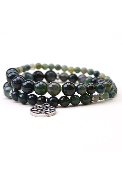 Bracelet 4/6/8mm Moss Agate double row 37cm, with Tree of Life pendant