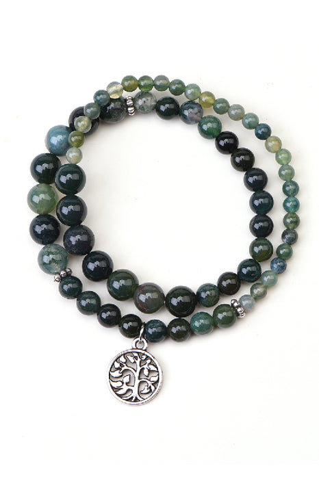 Bracelet 4/6/8mm Moss Agate double row 37cm, with Tree of Life pendant