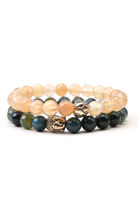 Armband 8mm goldene Wassermelonenstein / Moosachat 19cm, 2-teilig mit Buddha und Lotusblüte