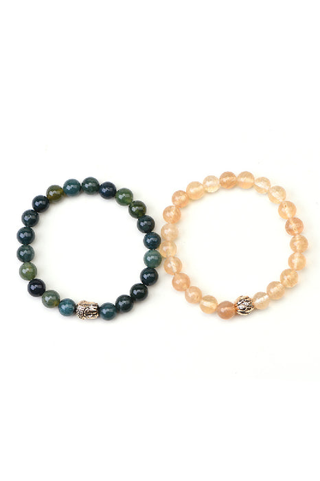 Armband 8mm goldene Wassermelonenstein / Moosachat 19cm, 2-teilig mit Buddha und Lotusblüte