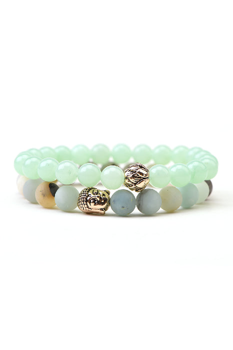 Bracelet 8mm green jade / amazonite 19cm, 2-piece with Buddha and lotus flower