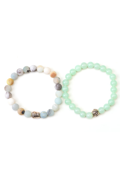 Bracelet 8mm green jade / amazonite 19cm, 2-piece with Buddha and lotus flower