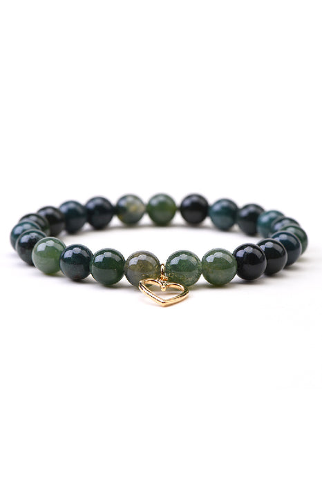 Bracelet 8mm moss agate 19cm, with heart pendant
