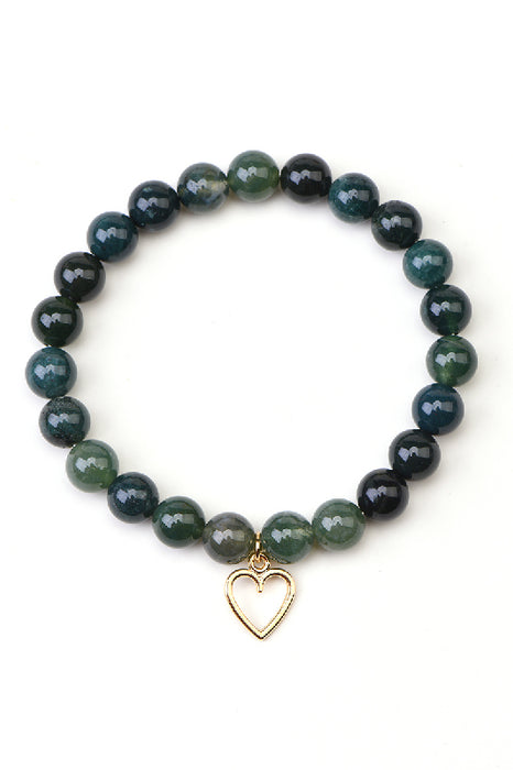 Bracelet 8mm moss agate 19cm, with heart pendant