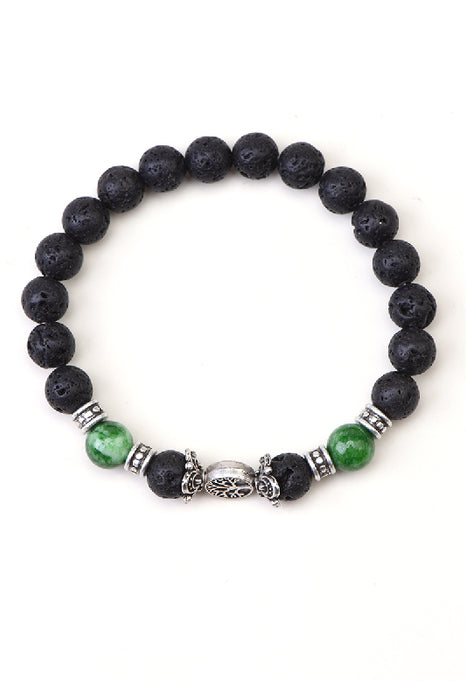 Bracelet 8mm lava stone / green jade 19cm, with tree of life