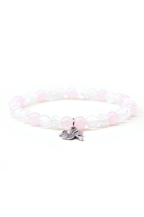 Bracelet 6mm rose quartz / crystal quartz / white agate 18.5cm, with cloverleaf pendant