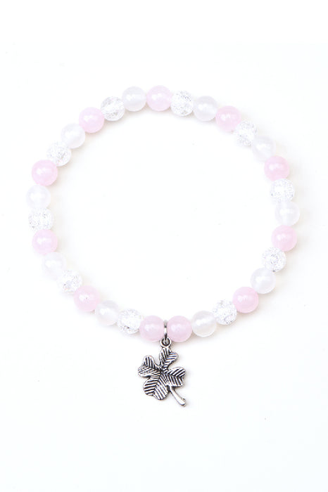 Bracelet 6mm rose quartz / crystal quartz / white agate 18.5cm, with cloverleaf pendant