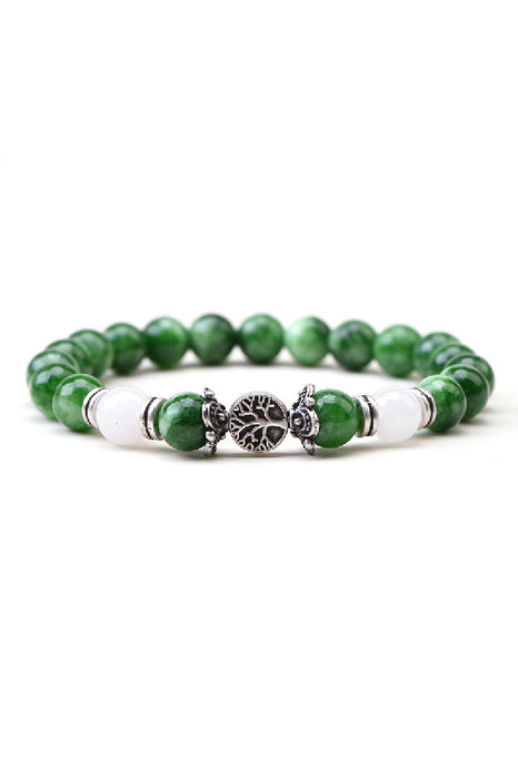 Bracelet 8mm emerald / white jasper 19cm, with tree of life