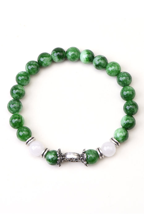 Bracelet 8mm emerald / white jasper 19cm, with tree of life