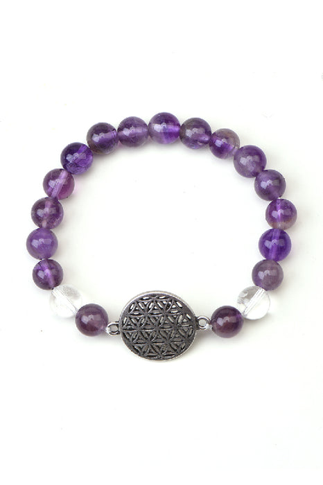 Bracelet 8mm Amethyst / Crystal Quartz 19cm, with Flower of Life