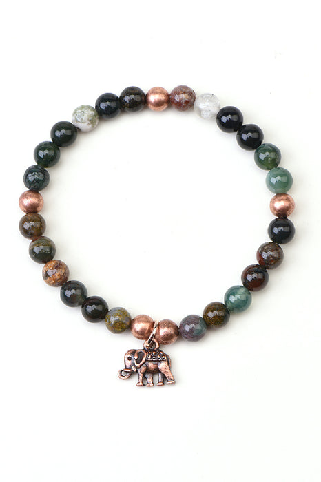 Bracelet en agate indienne de 6 mm, 18,5 cm, avec éléphant