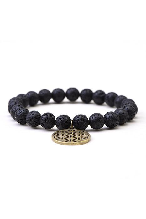 Bracelet 8mm Lava Stone 2-piece 19cm, with pendant Tree of Life and Flower of Life