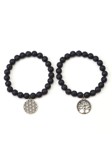 Bracelet 8mm Lava Stone 2-piece 19cm, with pendant Tree of Life and Flower of Life