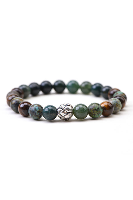 Bracelet 8mm yellow tiger's eye / African turquoise 19cm, with lotus flower