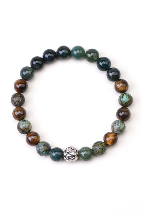 Bracelet 8mm yellow tiger's eye / African turquoise 19cm, with lotus flower