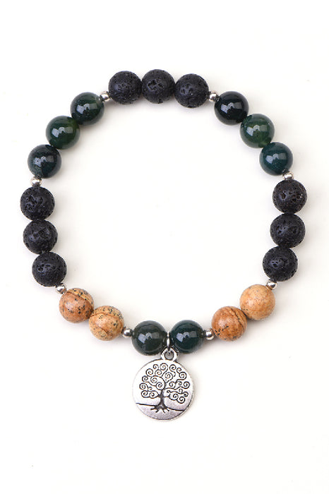 Bracelet 8mm Lava Stone / Moss Agate / Picure Jasper 19cm, with Tree of Life pendant