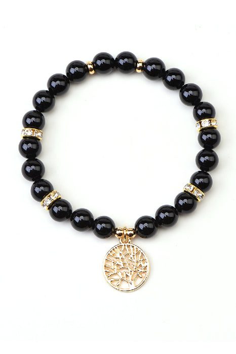 Bracelet 8mm black agate 19cm, with Tree of Life pendant
